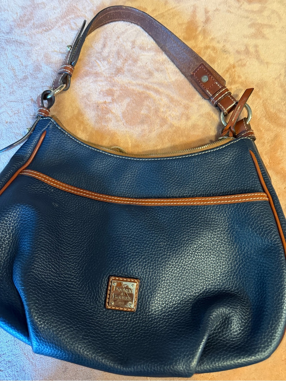 Dooney & Bourke Navy Pebbled Leather Shoulder Bag with Tan Trim